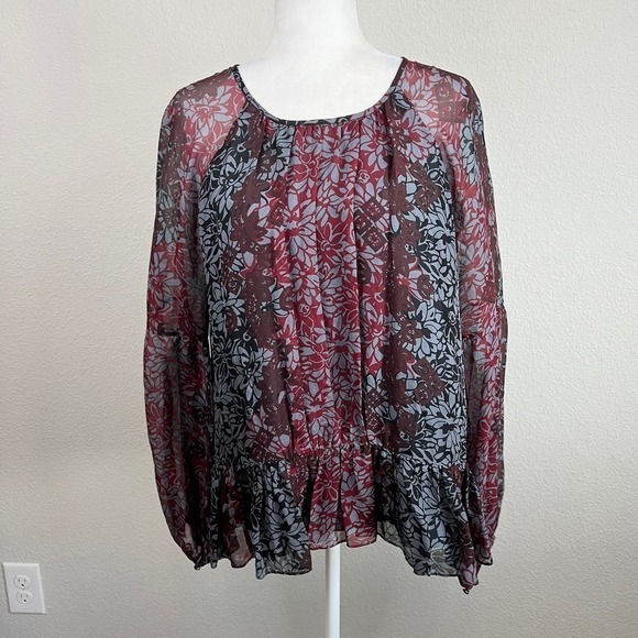 Cinq a Sept Floral Silk Top Women's M Black Red Tie Back Peplum Poet Puff Sleeve - Picture 1 of 9